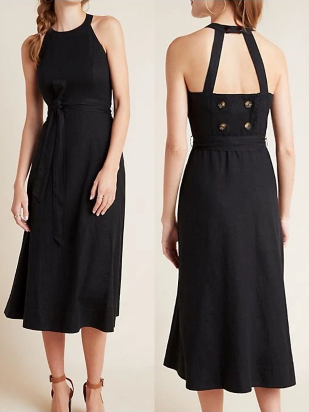 Anthropologie Greta Linen Midi Dress Black cocktail casual